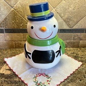 Festive Snowman Cookie Jar with Green Scarf